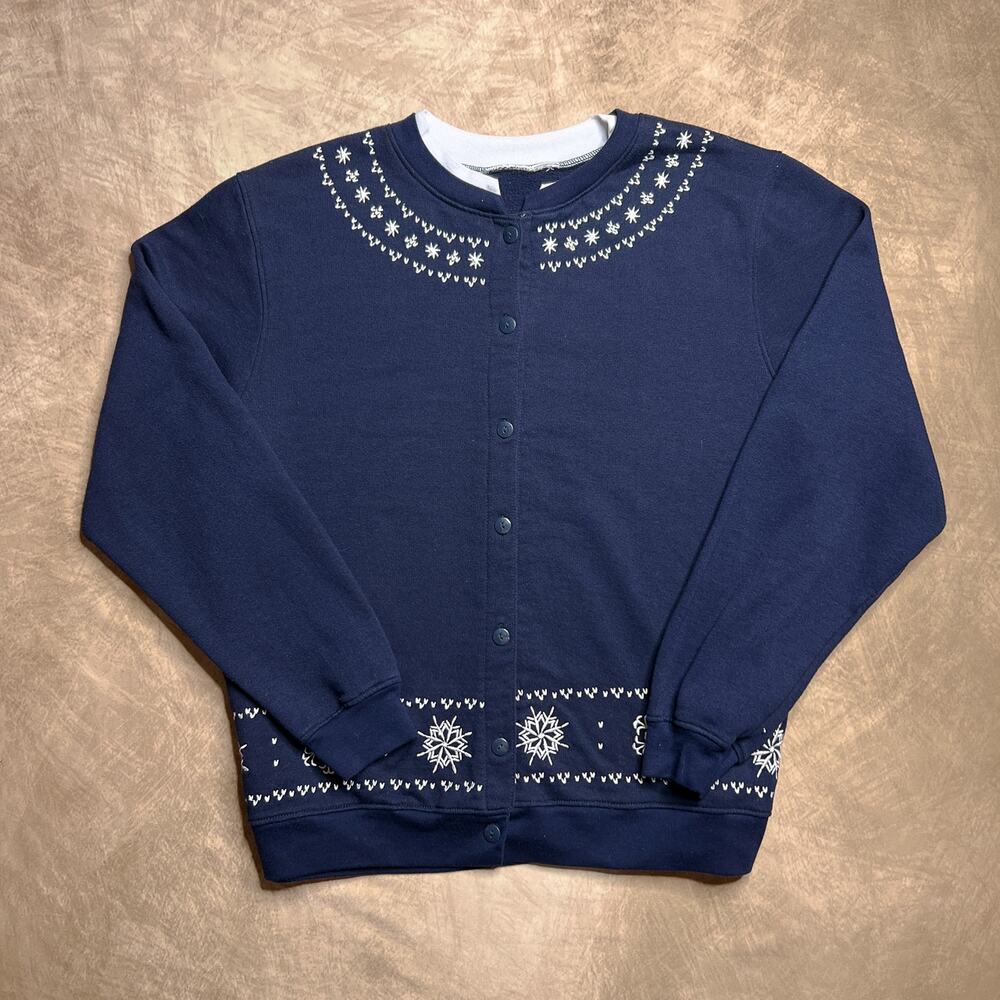Vintage 90s Emboridered Fair Isles Snowflake Cardigan Sweater Navy Winter Ski